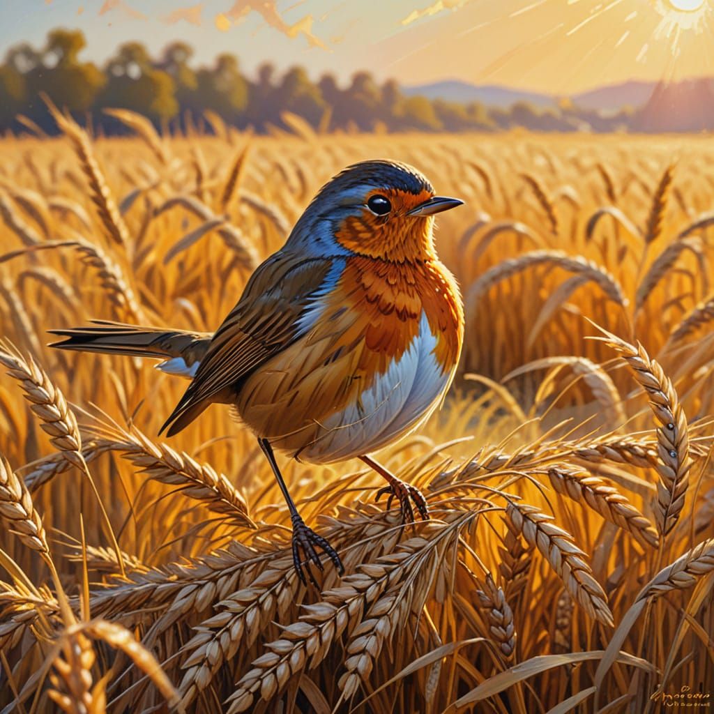 Proud Robin in Wheat Field: Fauvist Oil Painting
