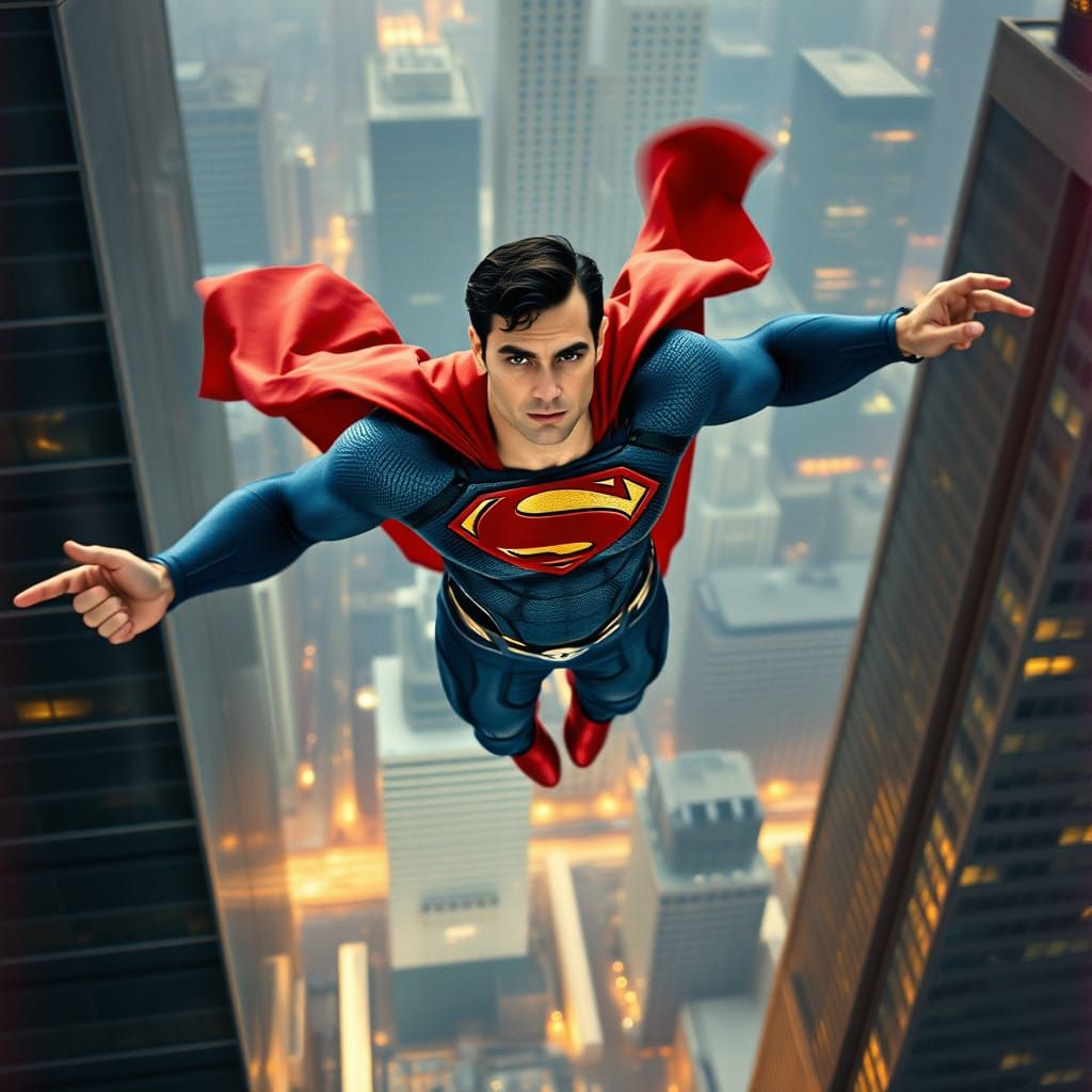 Superman in Cinematic Flight over Metropolis
