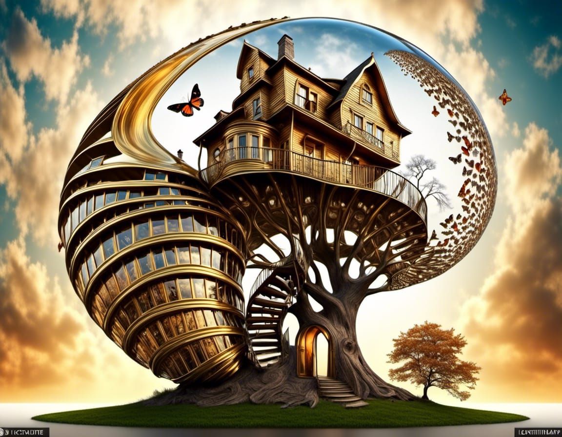 Surreal Crystal Snail House with Psychedelic Sunset