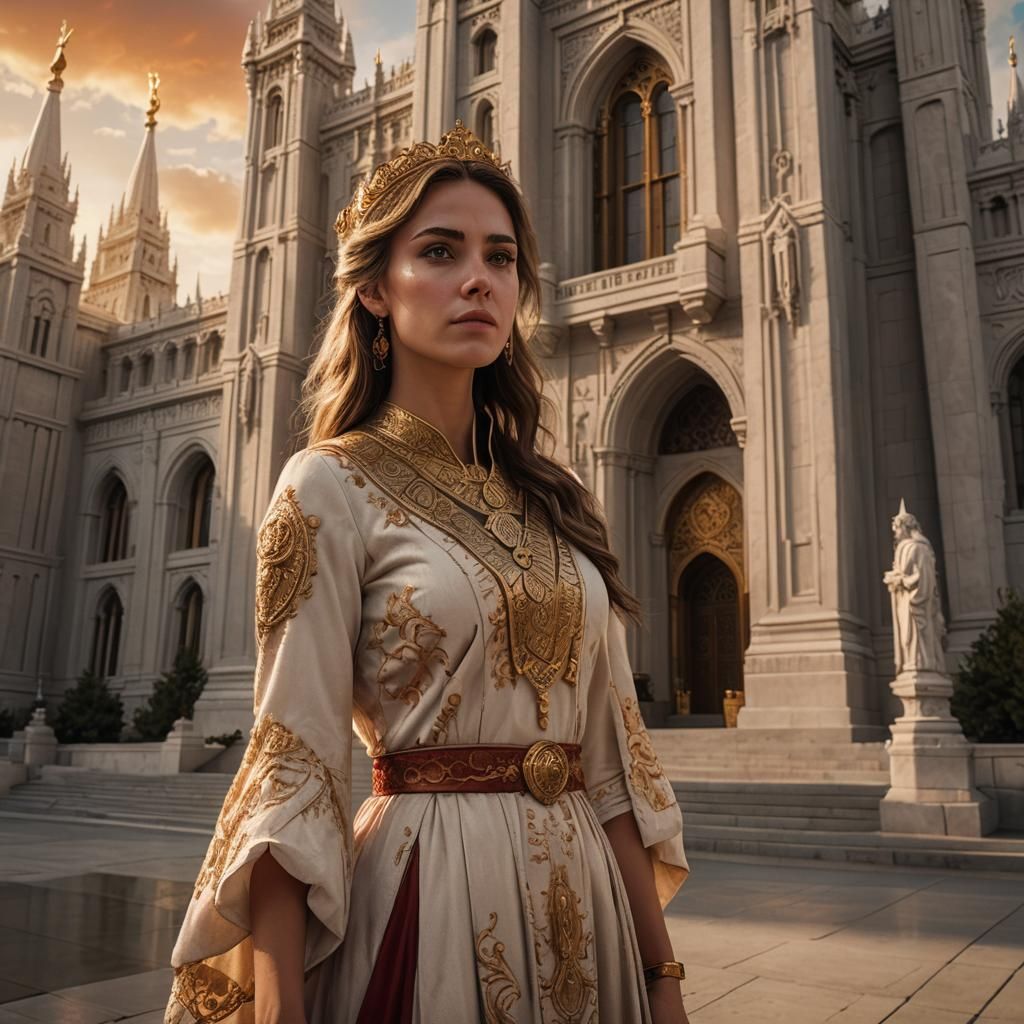 Ornate Temple Scene with Woman in Golden Light