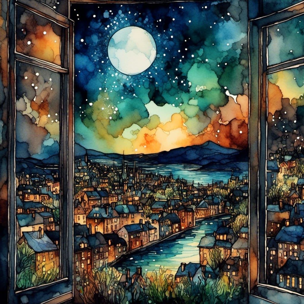 Night Cityscape with Moon in Klimt-Inspired Style