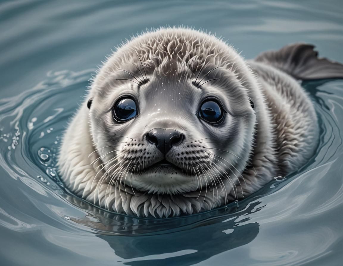 Hyperrealistic Baby Seal with Blue Eyes in Water