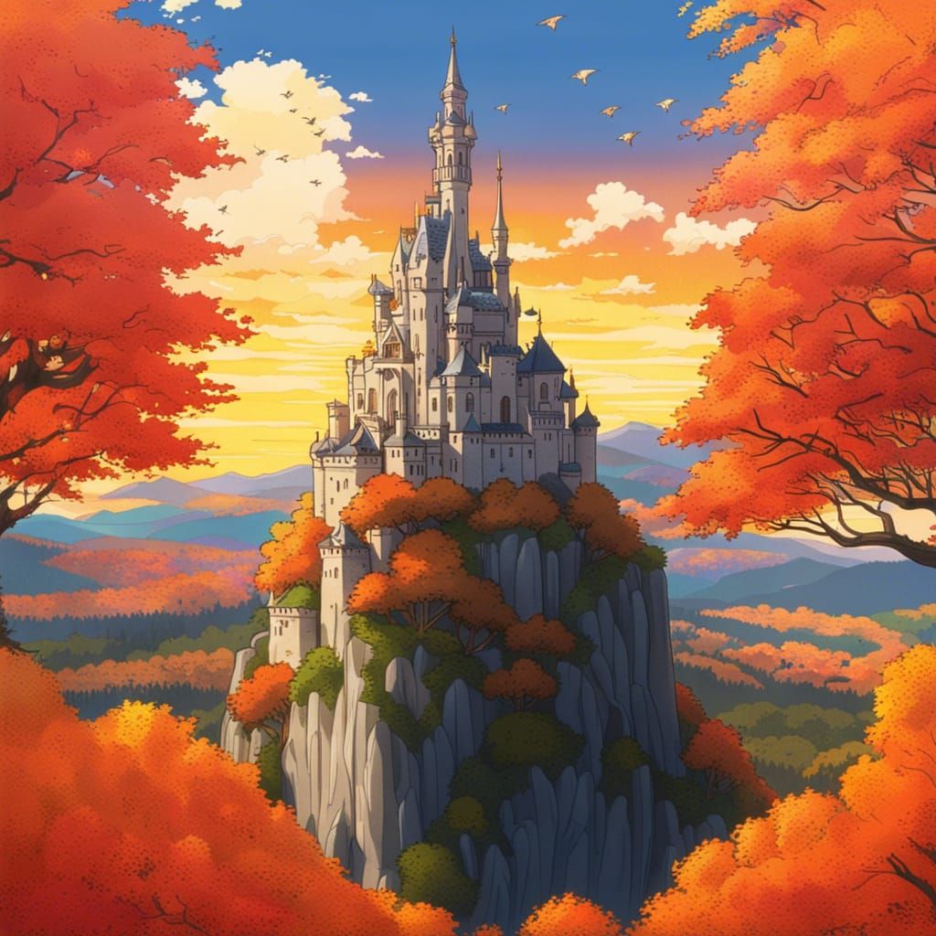 Gothic Castle Above Autumn Forest, Anime Style
