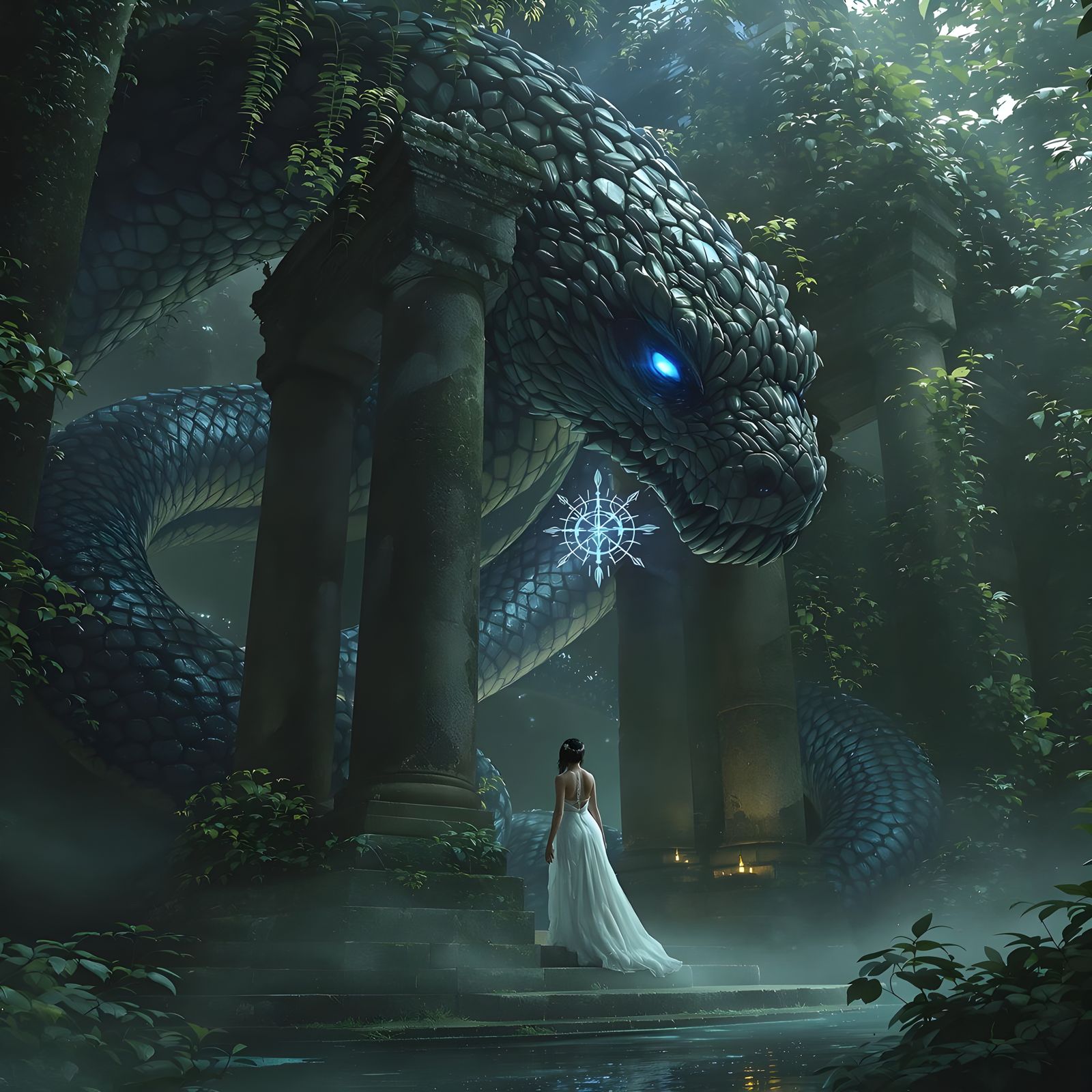 Mystical Serpent Temple in Jungle Mist