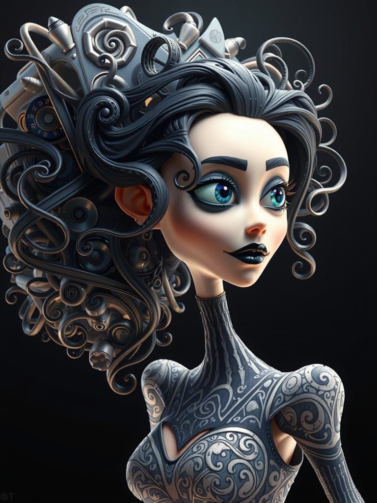 Burton-Inspired Cartoon Portrait with Exaggerated Facial Fea...