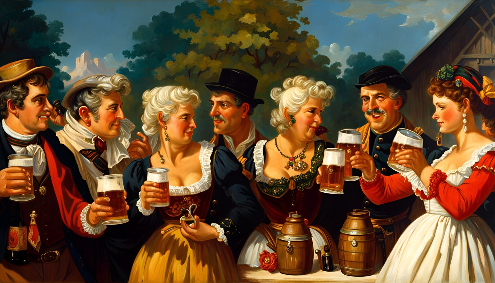 austrian octoberfest beer garden steins clinking 1822 oil painting by James Gurney