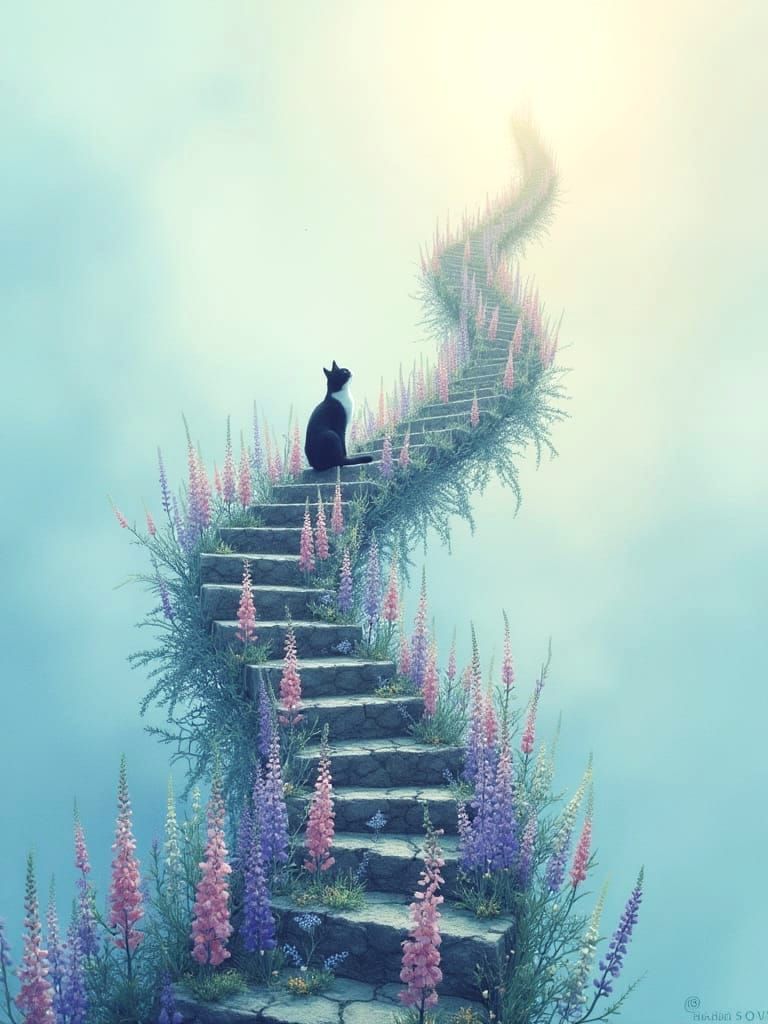 Lupin Flower Staircase with Cat in Watercolor Style