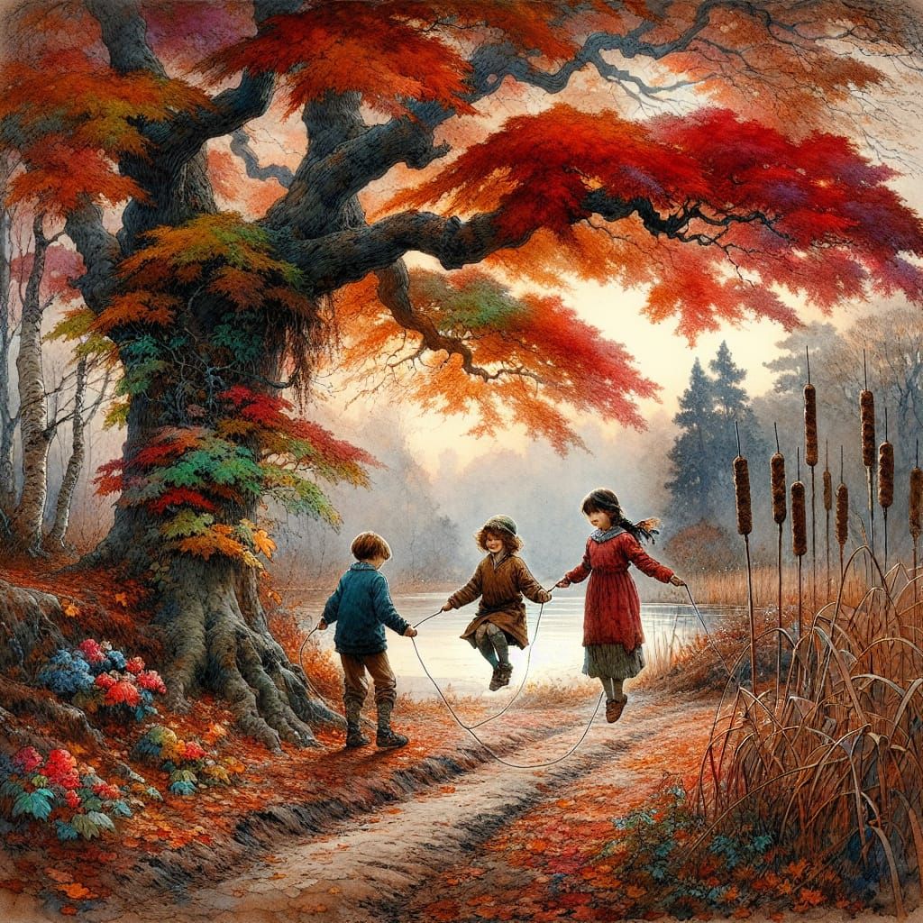 Autumn Jump Rope: Watercolour and Ink Landscape