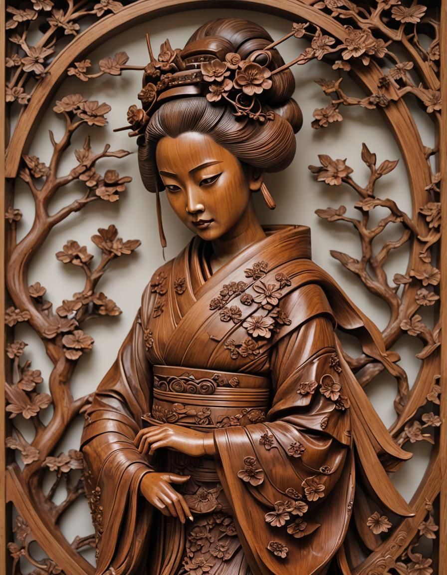 Elaborate Teak Wood Geisha Carving