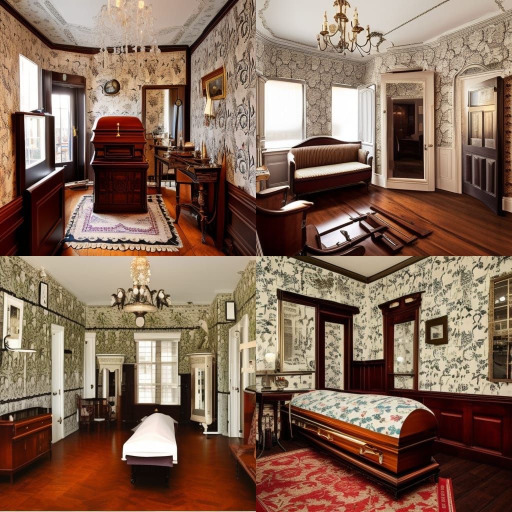 Funeral home themed penthouse with victorian wallpaper& Old fashion Victorian windows& Old fashion Victorian furniture& ...