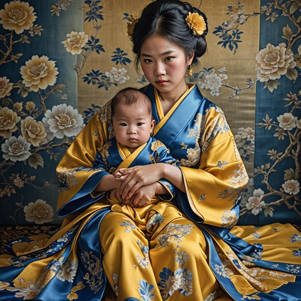 Girl in Kimono Holding Baby: Hyperrealistic Image
