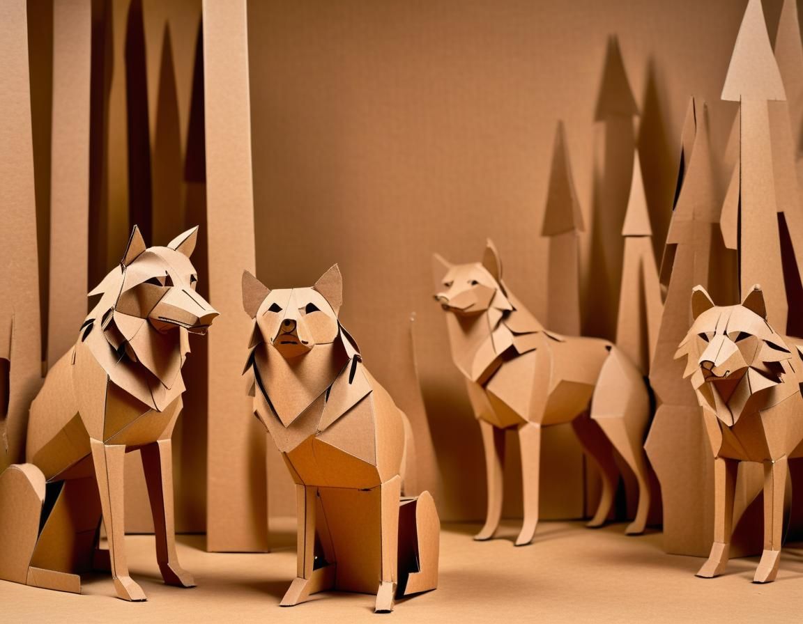 Cardboard Wolf Sculptures in Forest Art Display