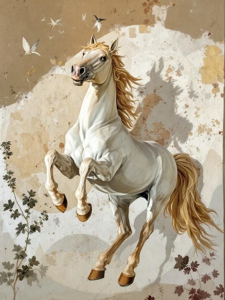 Horse Runs Free in Renaissance Fresco Style