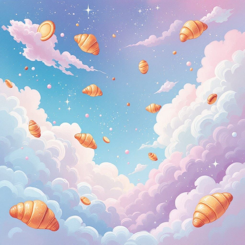 Dreamy Unicorn Sky with Raining Pastries as Impasto Painting