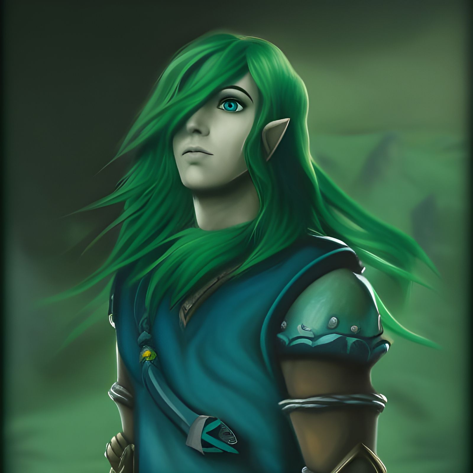 Green-Haired Link Portrait in Gouache Style