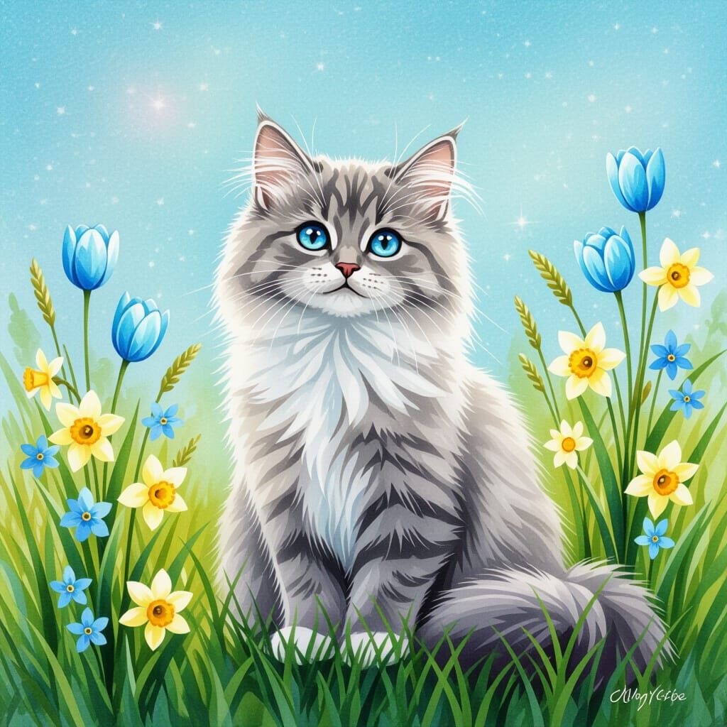 Dreamy Watercolor Painting of a Cat in a Field