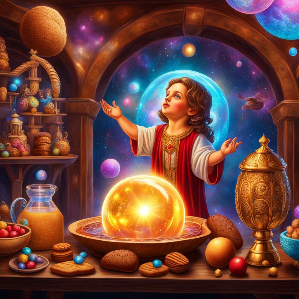 Surreal Holy Baby Juggles Bubbles in Bread House