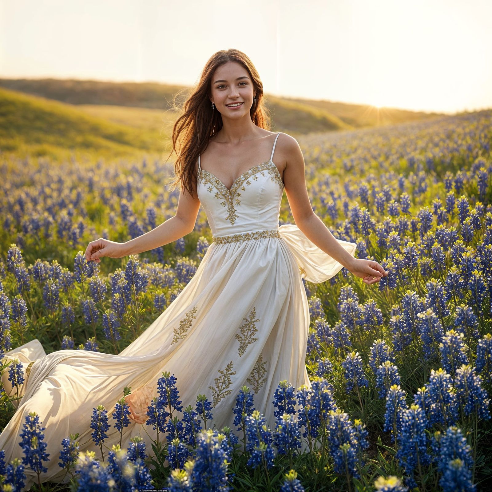 Ethereal Woman Amidst Texas Bluebonnets in Dreamlike Glow