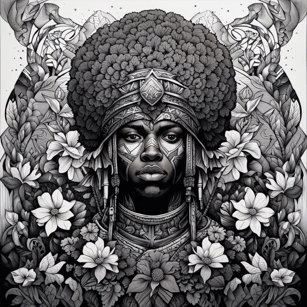 Ethiopian Warrior Portrait in Ink Drawing Style