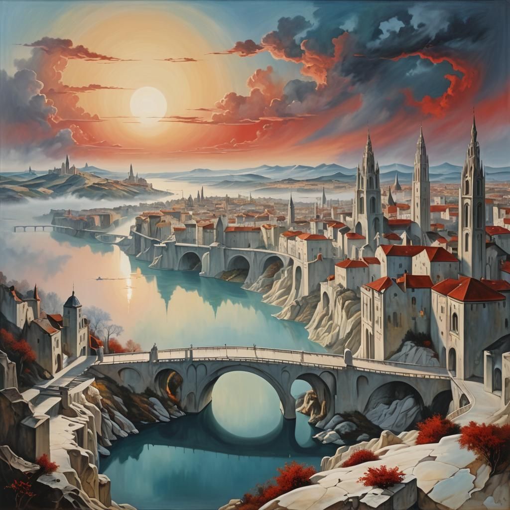 Surreal French Cityscape with Red Sun, Dali Style