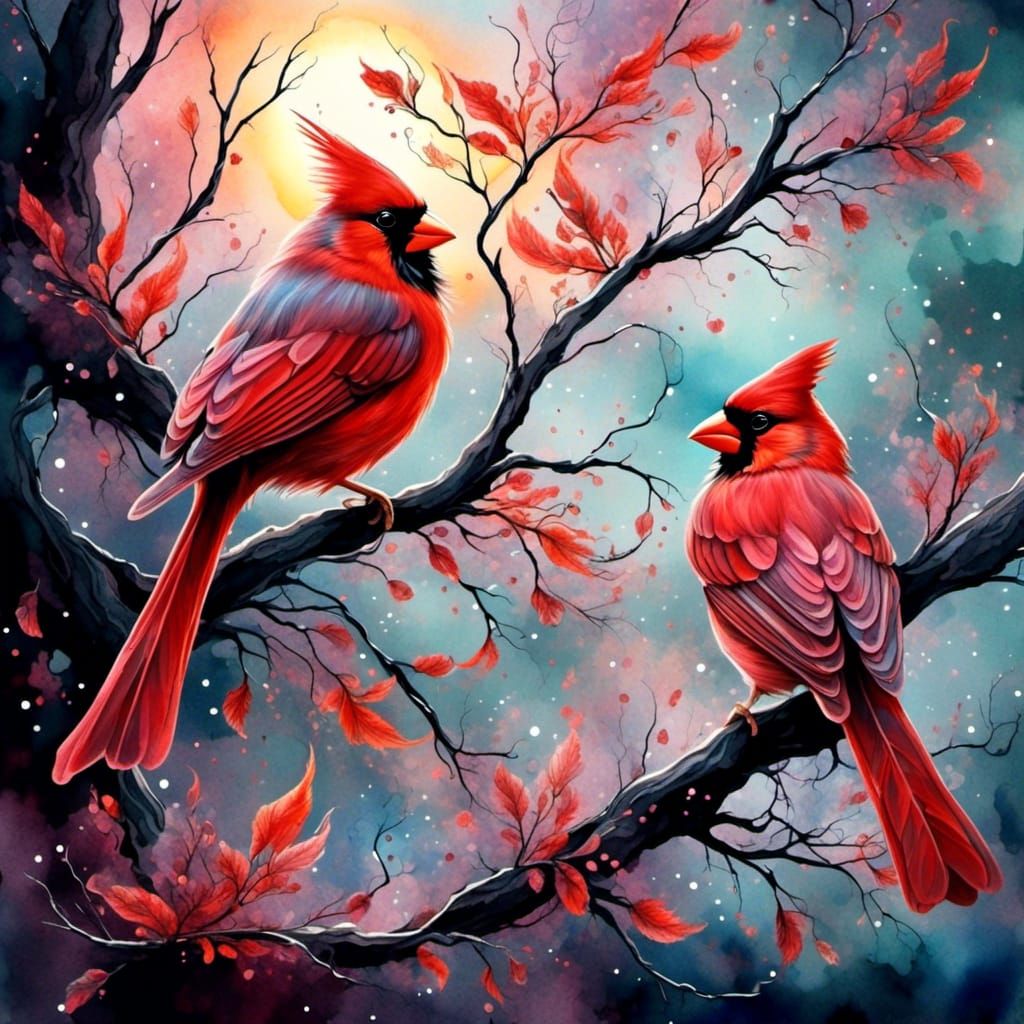 Two Cardinals in Smokey Watercolor Style