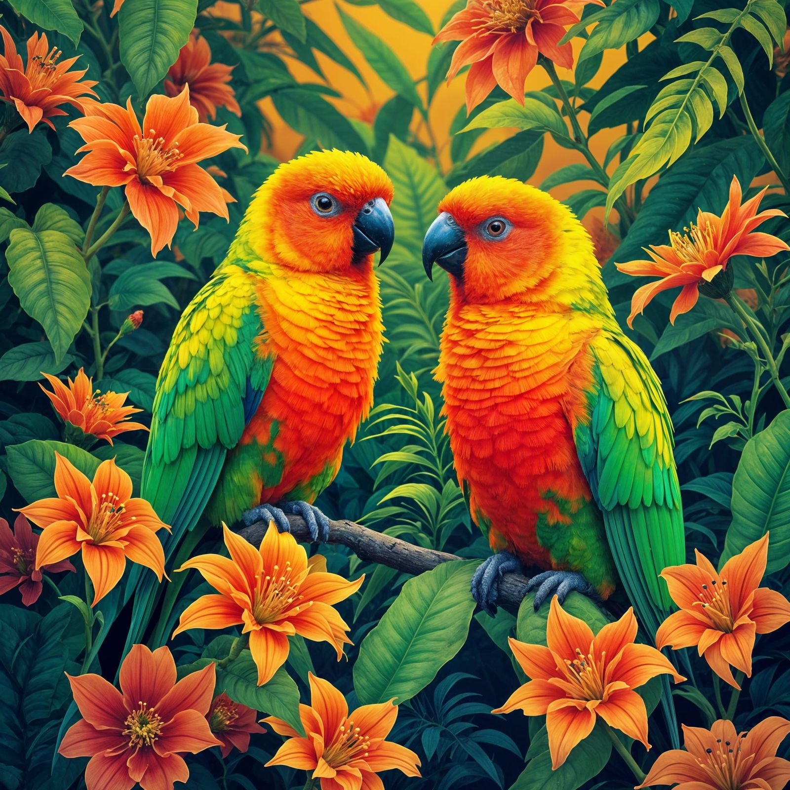Vibrant Neon Lorikeets in Rainforest Setting