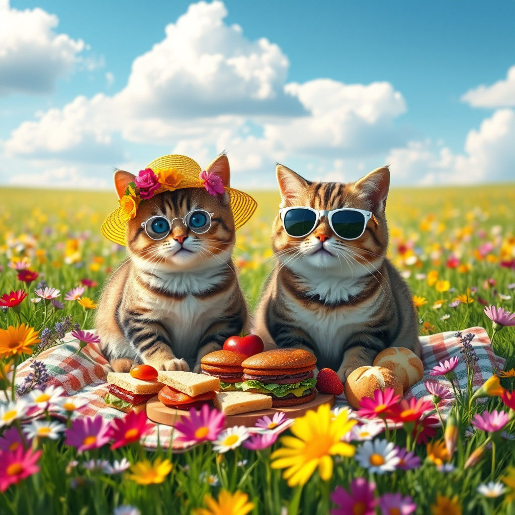 Cats' Picnic in Meadow, Digital Matte Painting