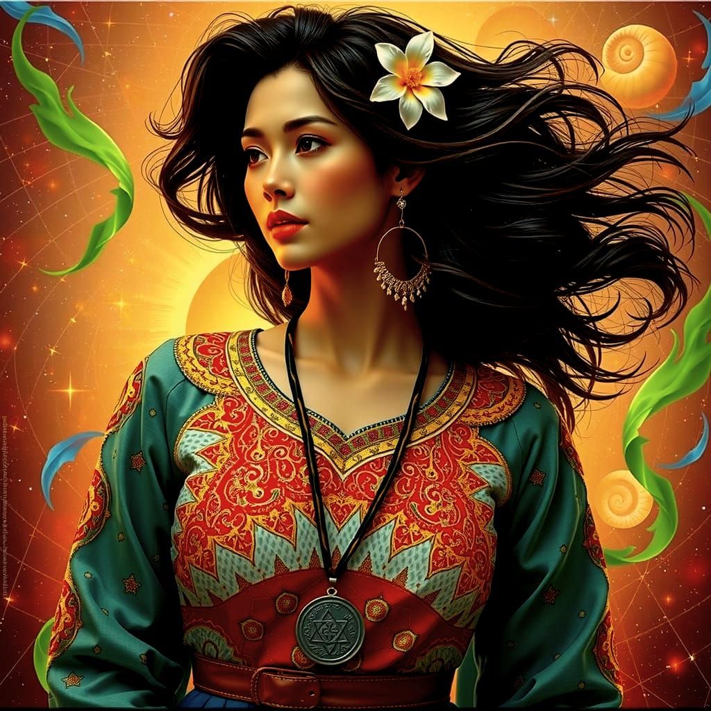 Woman with Silver Medal in Starry Fractal Sky