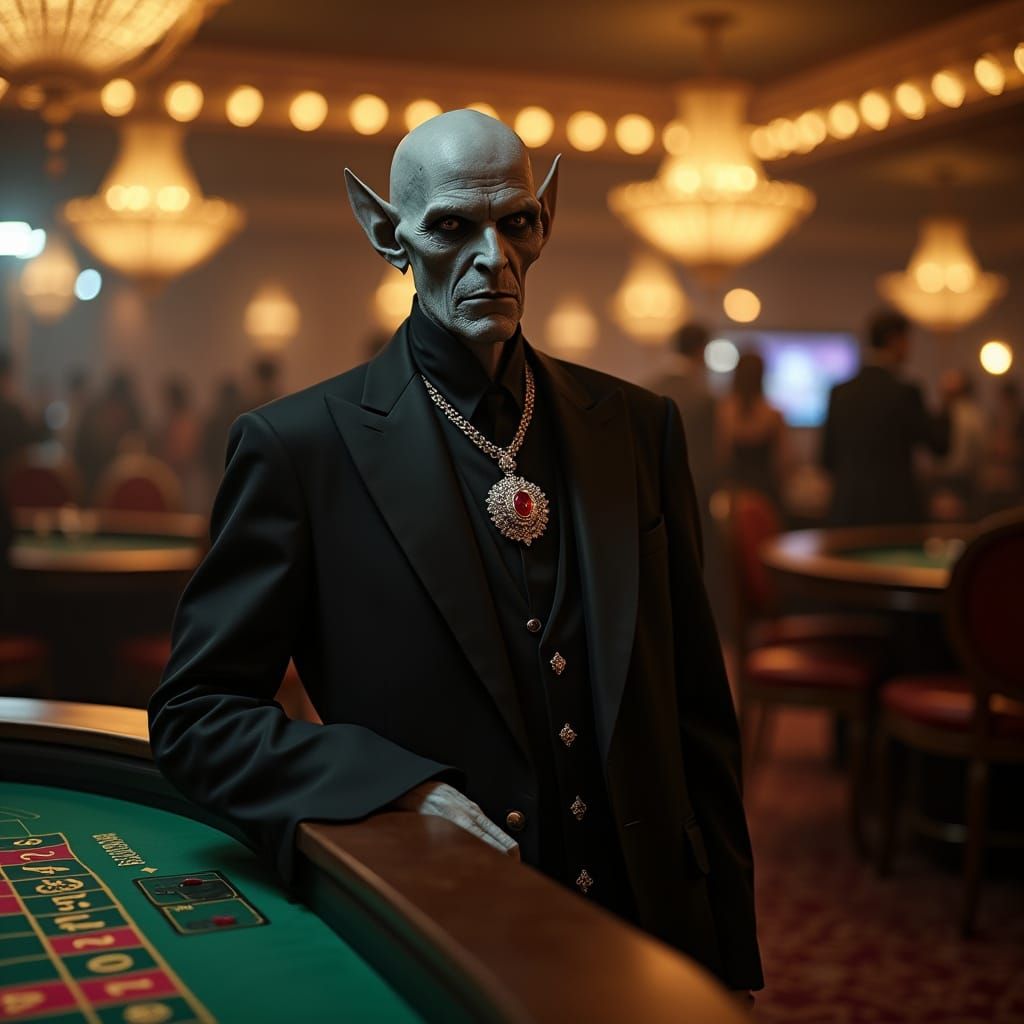 Nosferatu in Suit at Casino, Hyperrealistic Photo