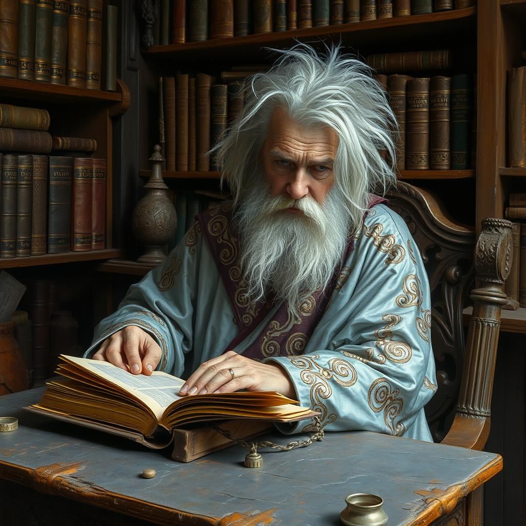 Elderly Mage Studying Ancient Tomes with Elemental Magic