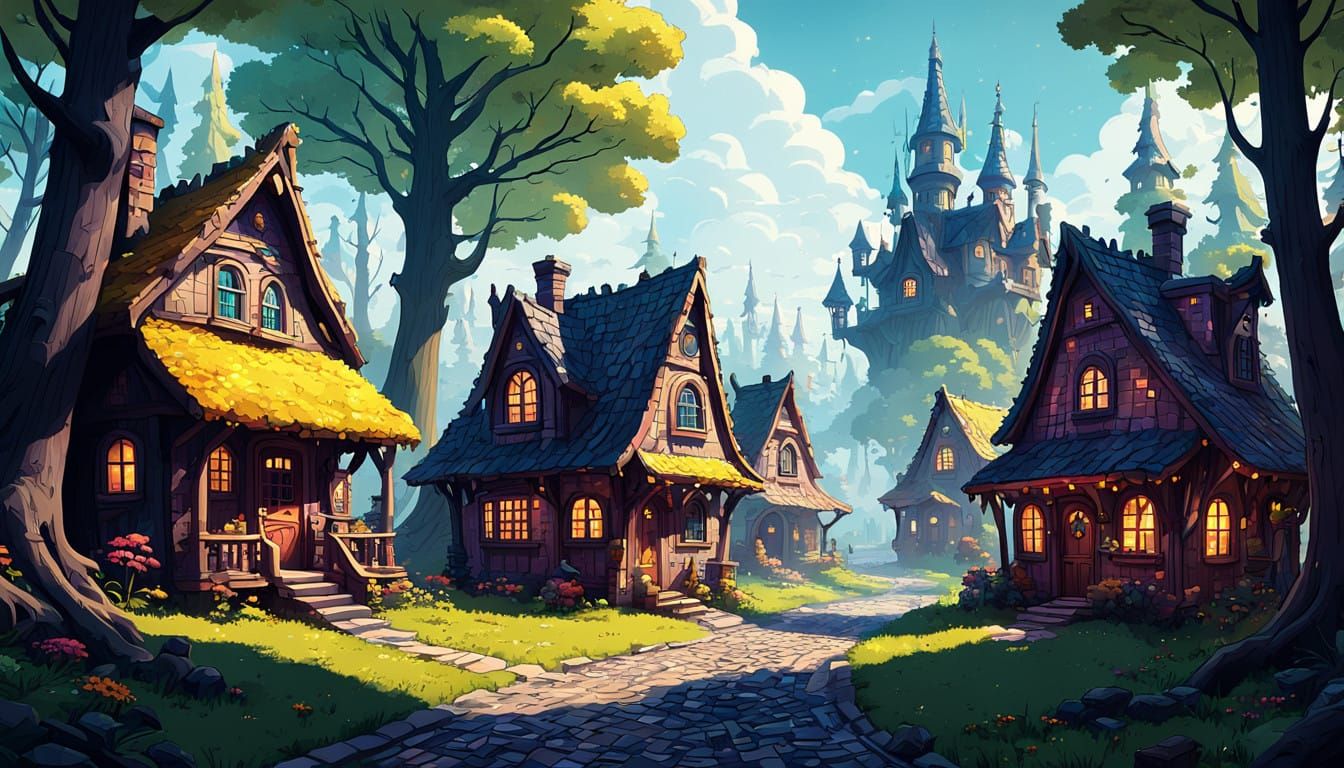 Whimsical Fantasy Village in Vibrant Pixel Art