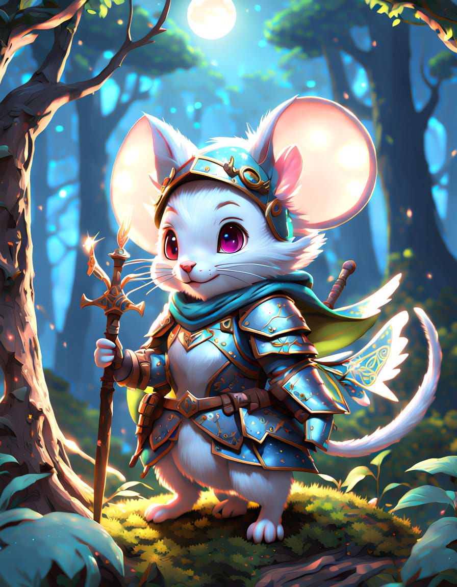 Brave Mouse Knight in Moonlit Woodland