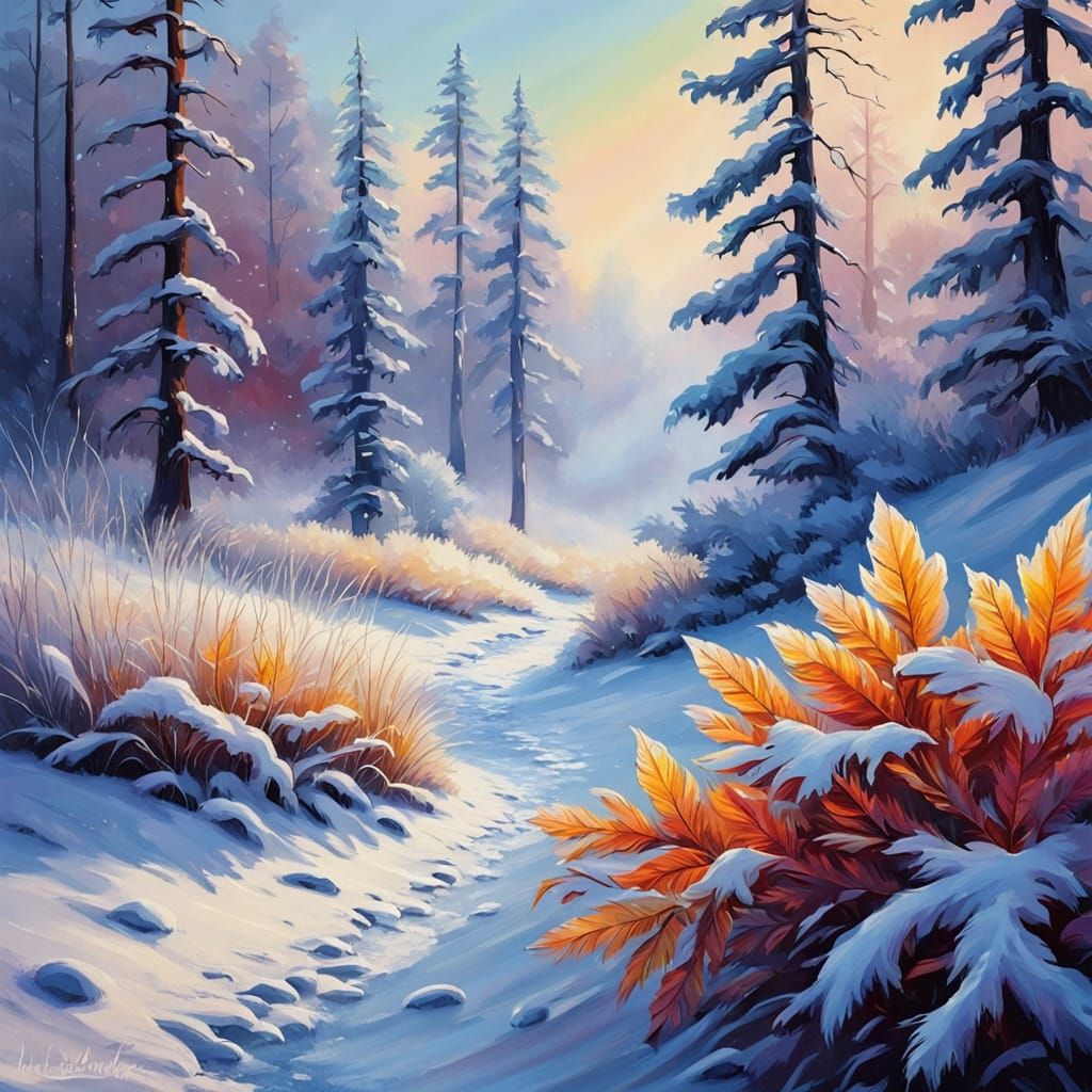Vibrant Winter Scene with Iridescent Leaf in Soft Focus