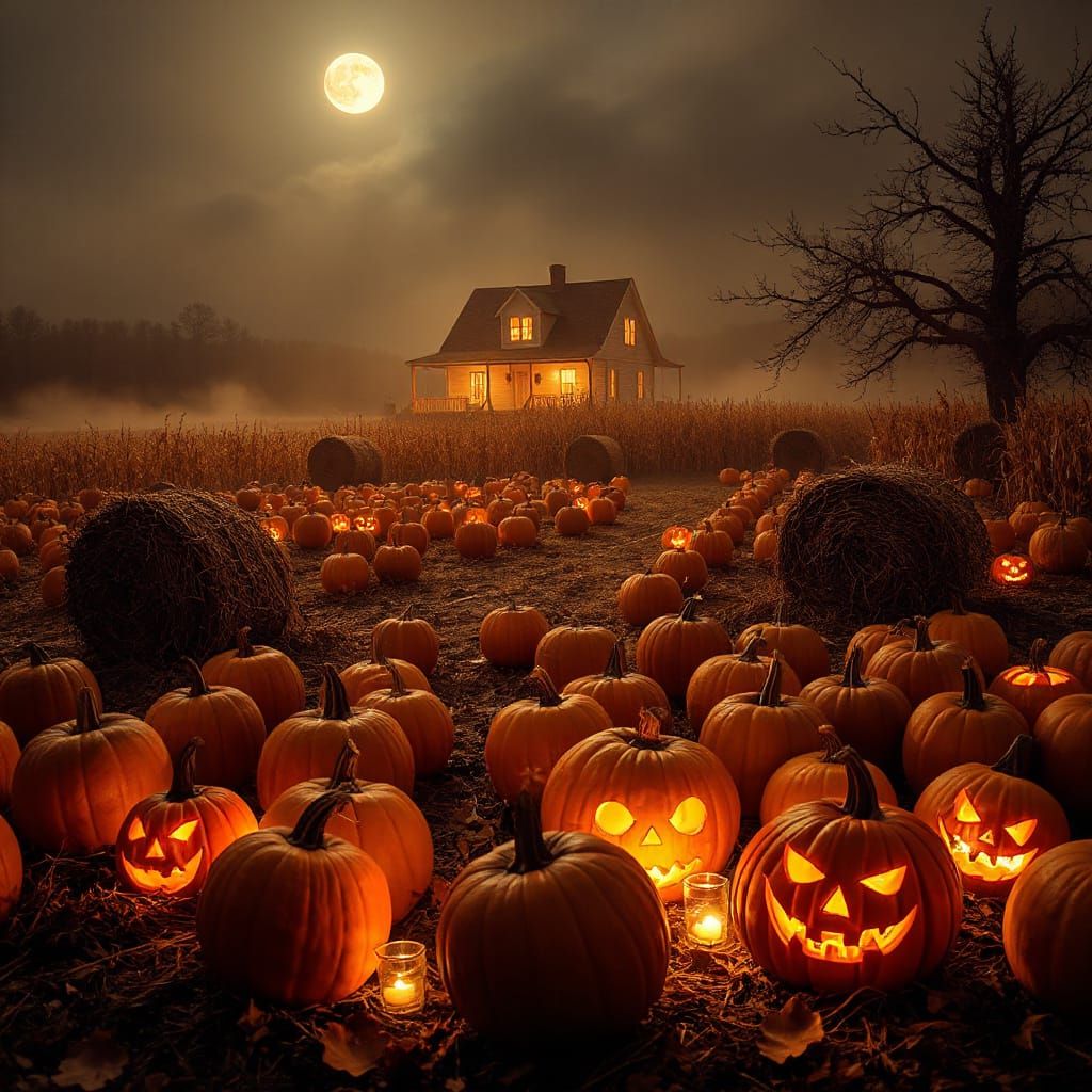 Ethereal Children in Glowing Pumpkin Patch