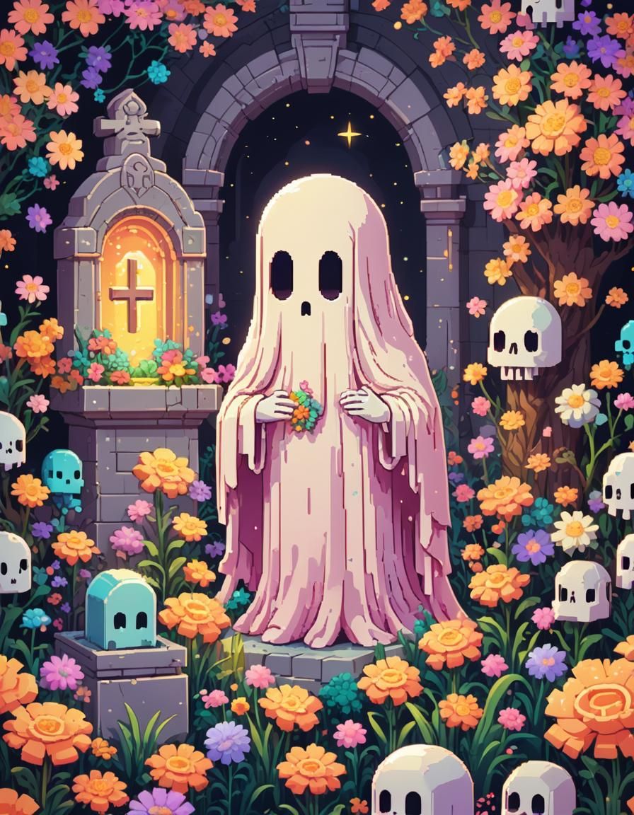 Cute Chibi Ghost in Pixel Art Style