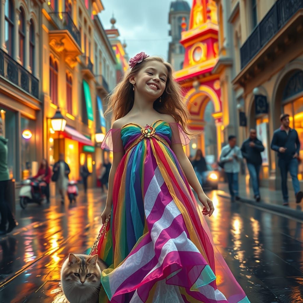 Radiant Girl Strolls on Rainbow Street as Klimt Painting