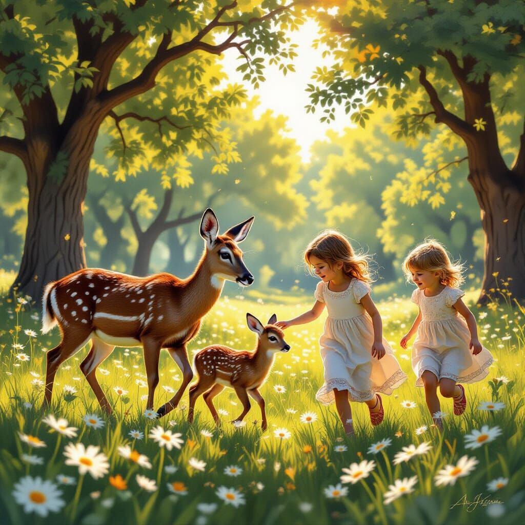 Hyperrealistic Forest Clearing with Doe, Fawn, and Children
