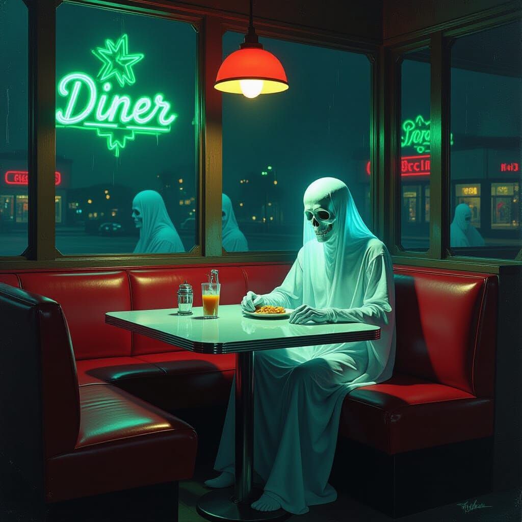 Spectral Ghost in Neon-Lit Diner, Caravaggio & Beksiński Sty...