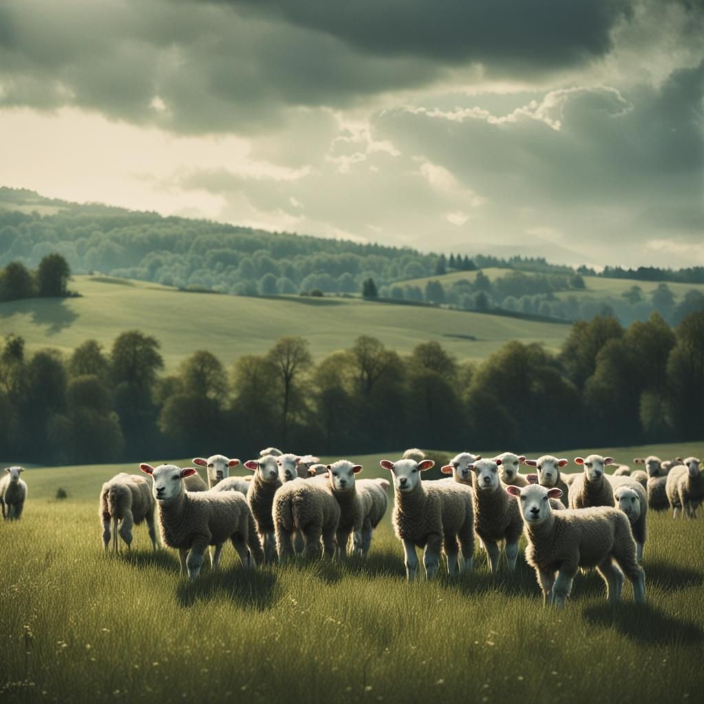 Lambs in Field: Photorealistic Cinematic Painting