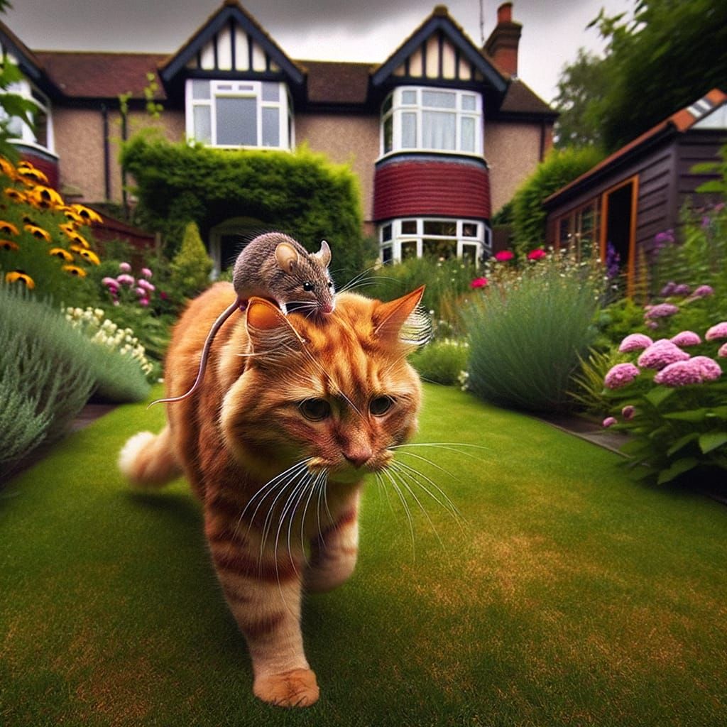 Ginger Cat and Mouse in English Garden