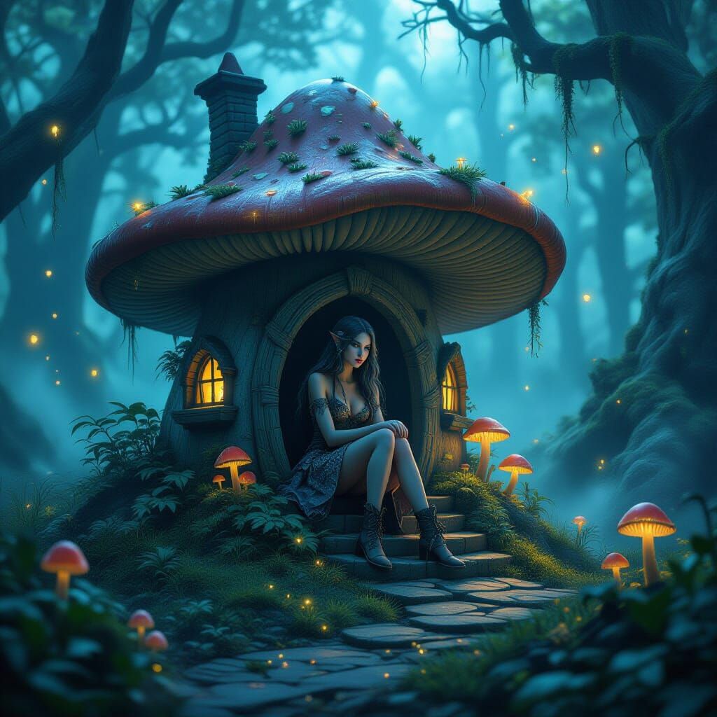 Enchanted Fairy Mushroom House in Bioluminescent Forest