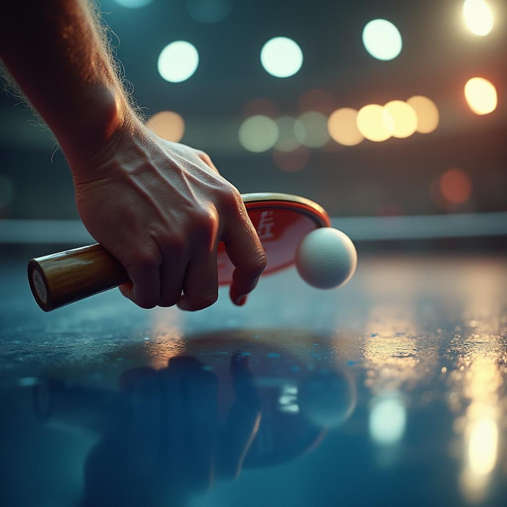 A close-up of a player’s hand gripping a paddle, the surface...