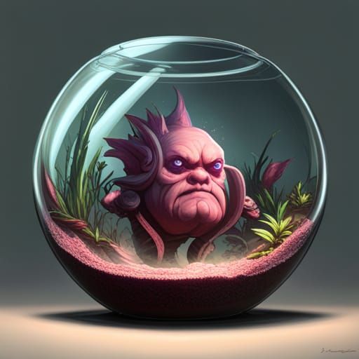Pink Golem in Fishbowl: Dark Fantasy Art