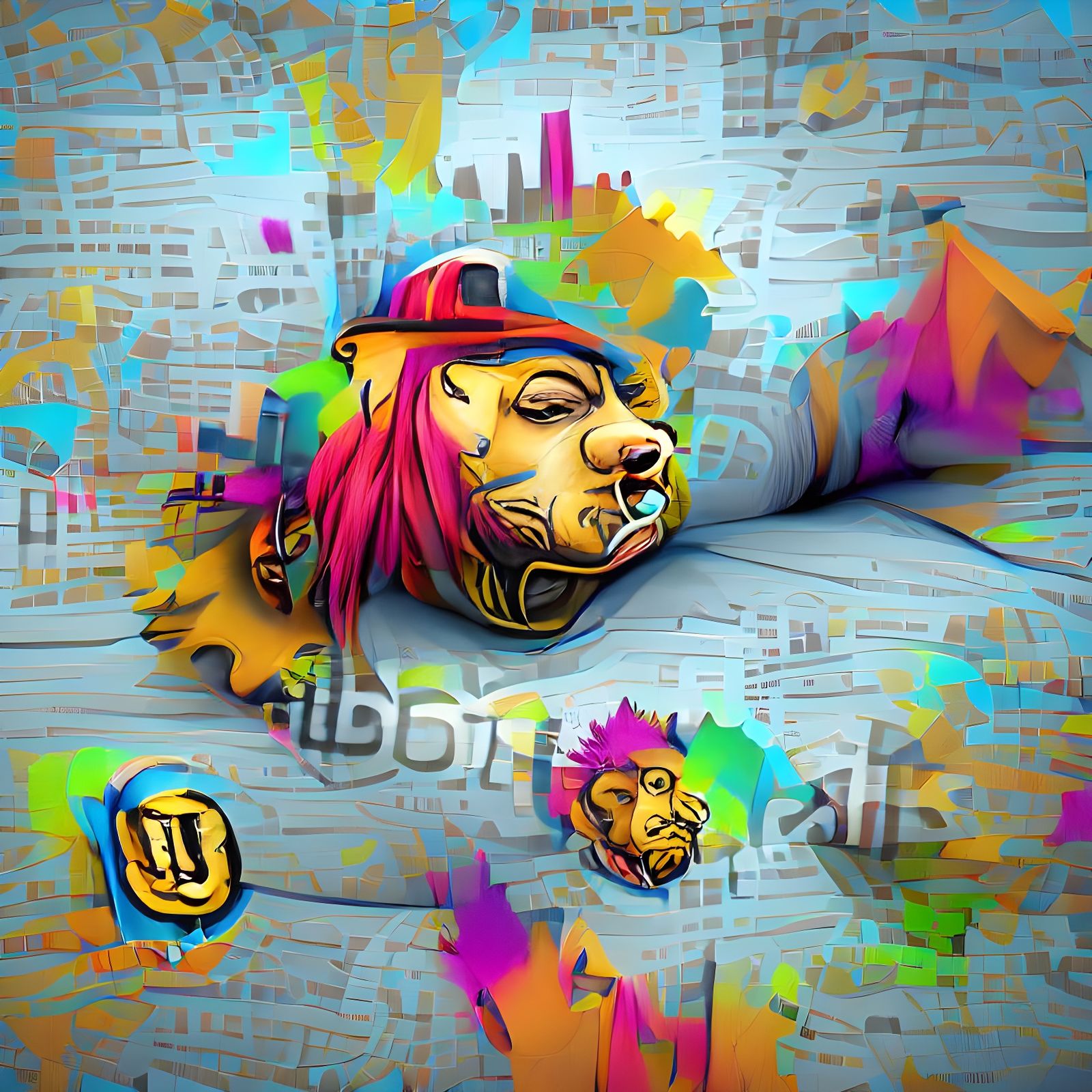 Pop Art Lion Face with Tattoos, 3D Digital Art