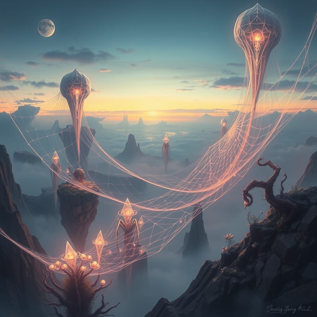Dreamlike Landscape with Crystal Spiderwebs and Alien Flora