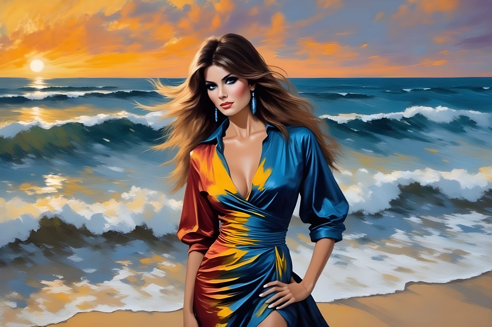 Raquel Welch on Beach at Sunset as Impasto Painting