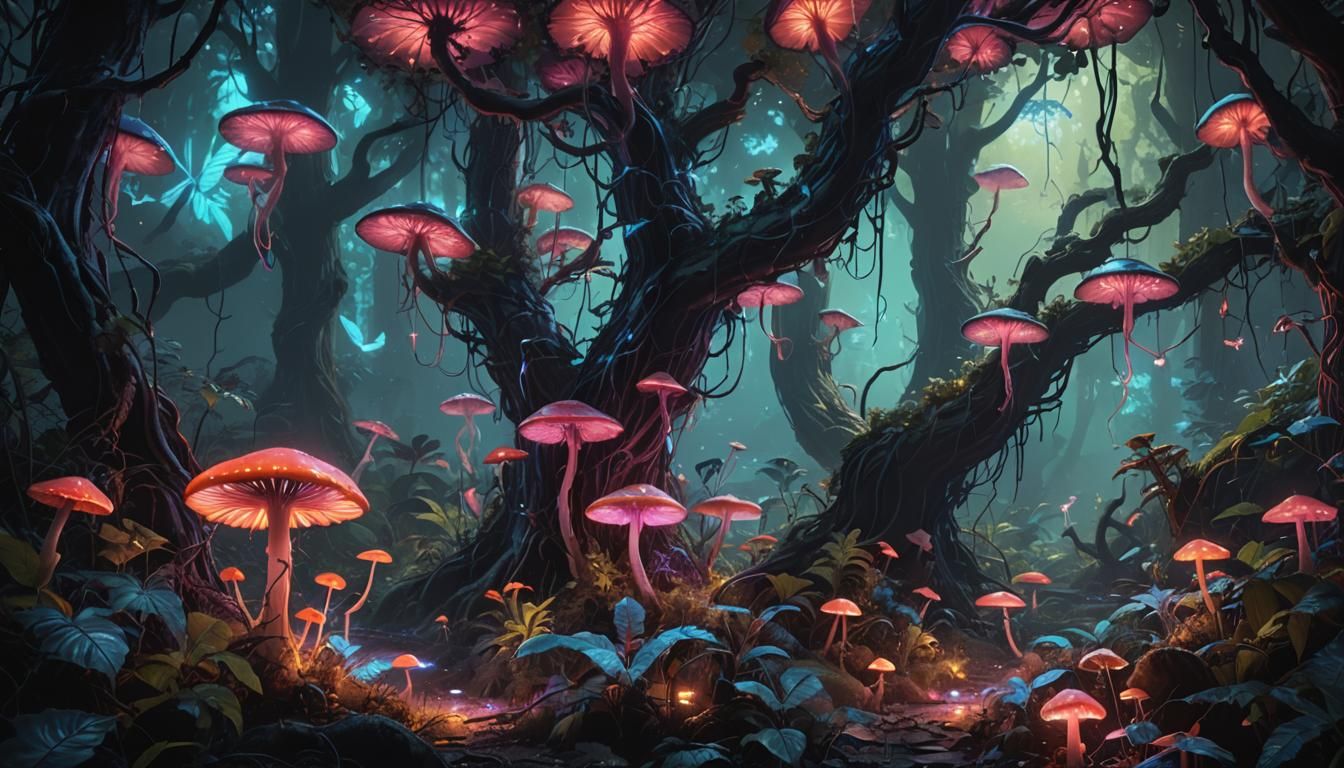 Mystical Forest with Fluorescent Flora in Digital Art