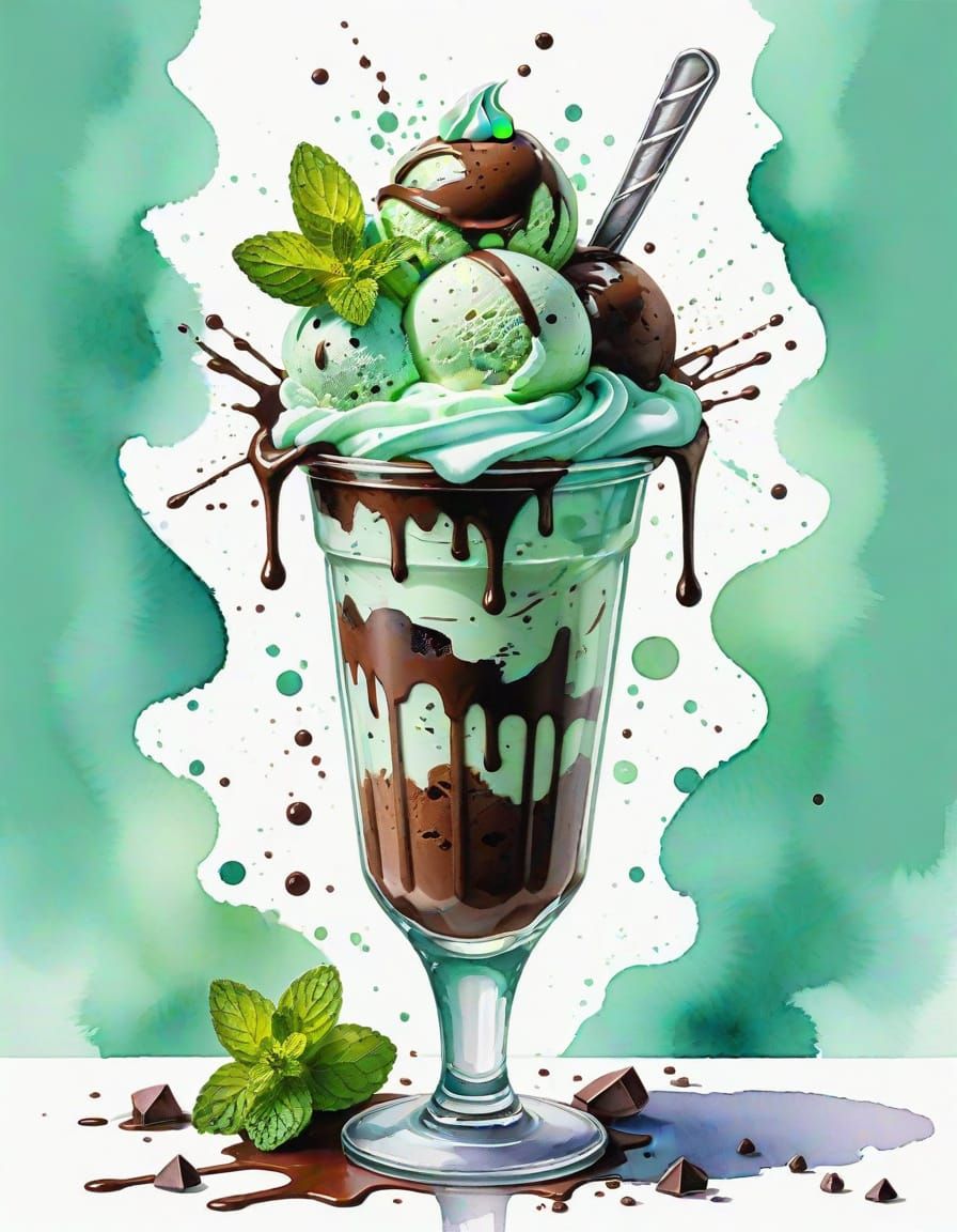 Mint Chocolate Chip Ice Cream Watercolor Art