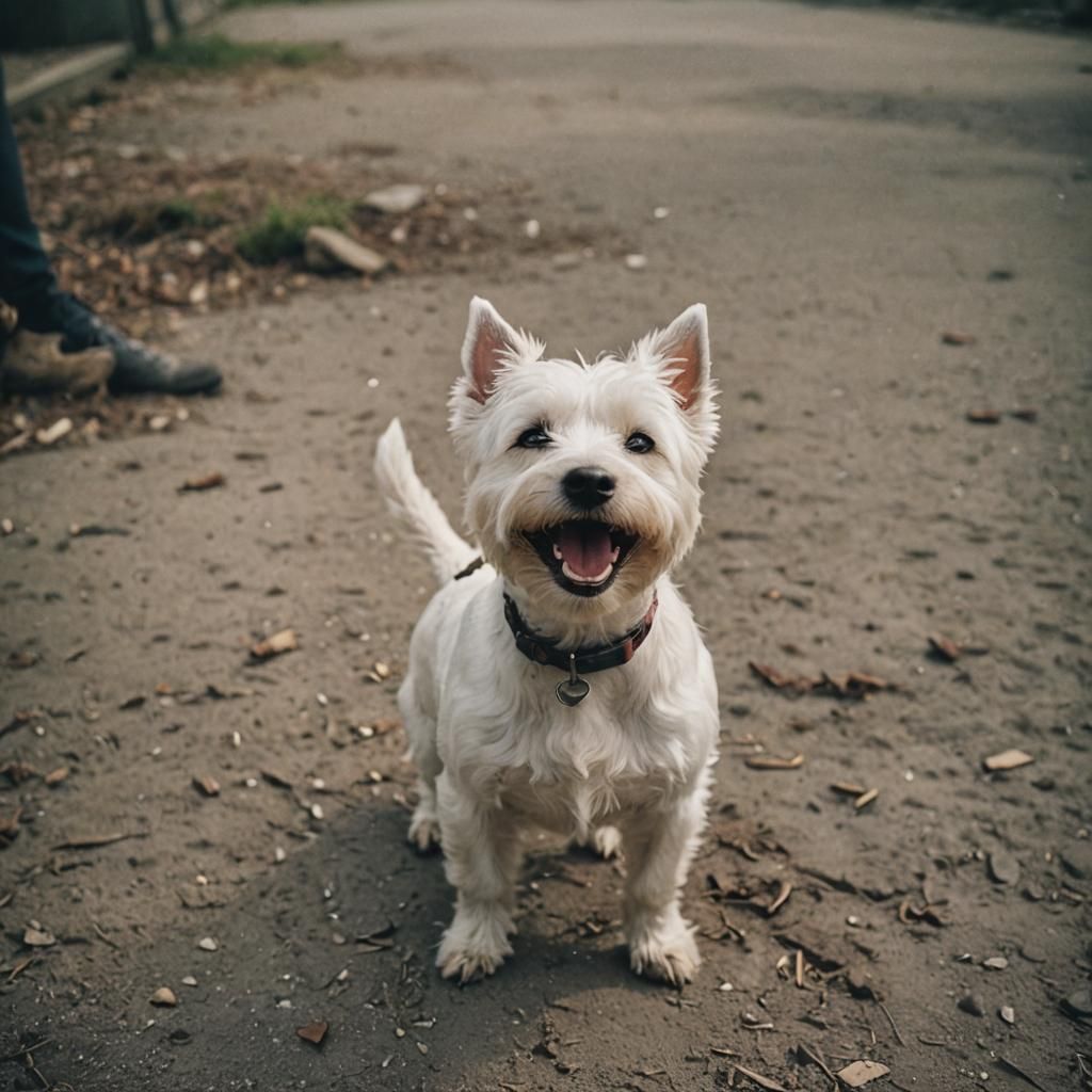 Smiling Westie Dog in Cinematic Film Still