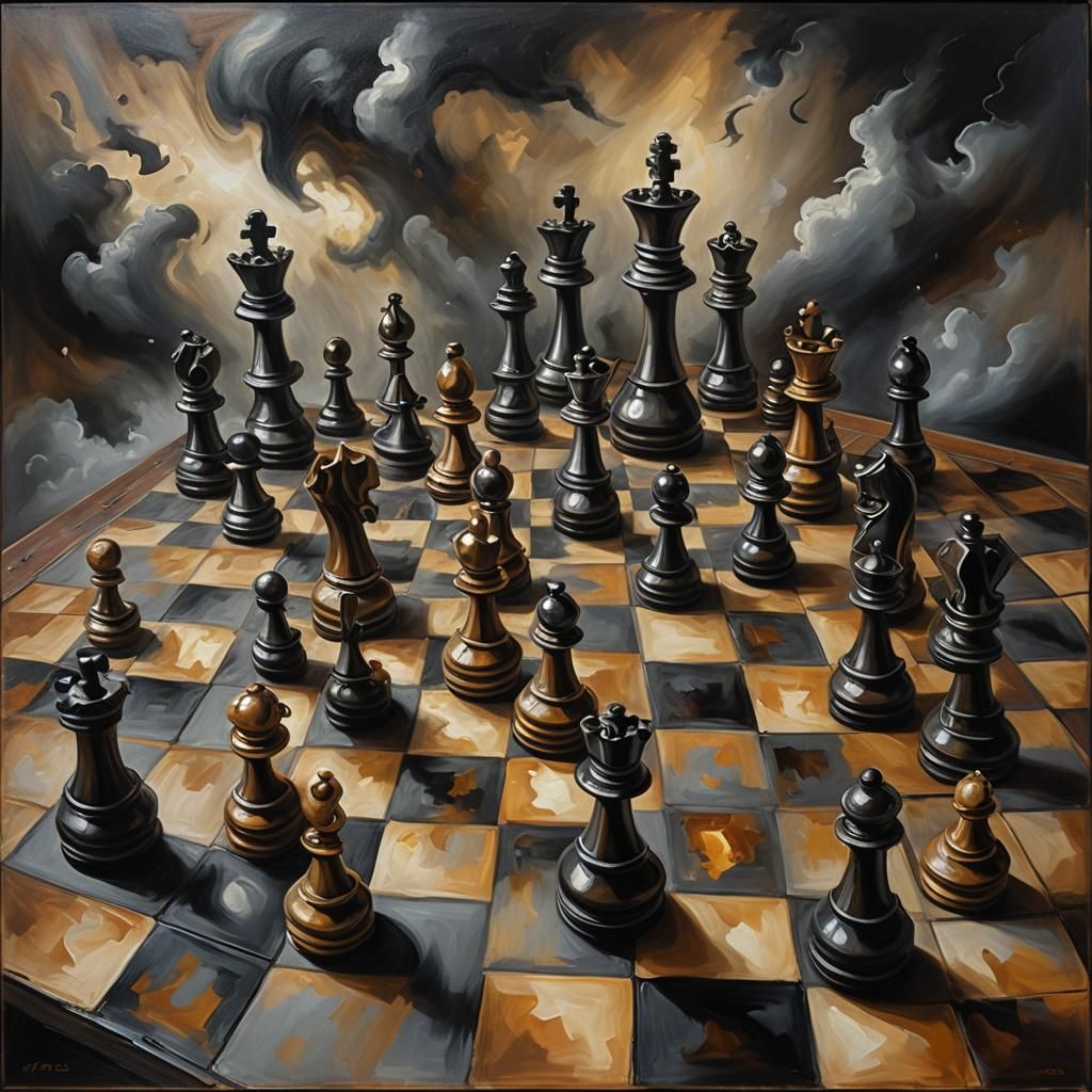 Surreal Dark Chessboard in Oil Painting Style